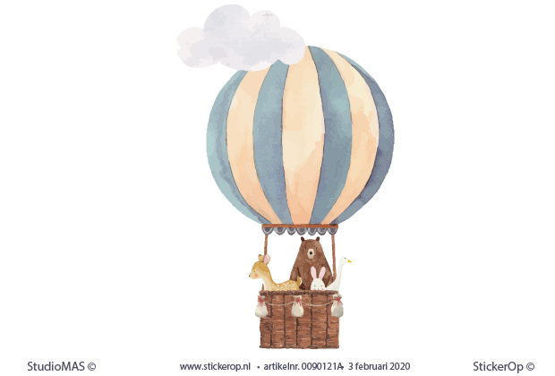 Muurstickers dierenverhalen - Luchtballon met beer en zijn vrienden babykamer - beer hertje gans en konijn in luchtbalon
