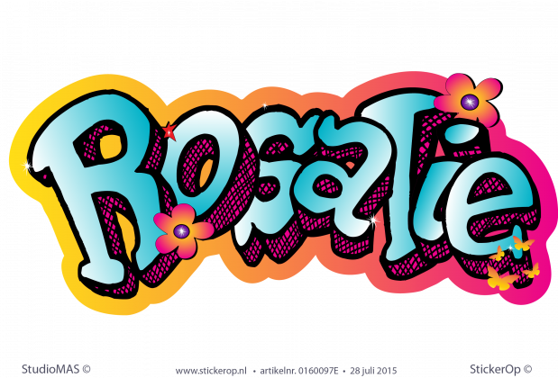 Muursticker graffiti - Rosalie met bloemen en vlinders muursticker graffiti Rosalie met bloemen