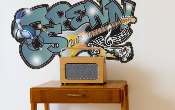 Muursticker graffiti muzikale naamsticker met gitaar en skateboard-min